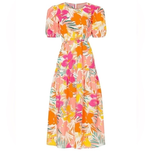 PETER SOM Tropical Floral Puff Short Sleeve Back Cutout Ruffle Tier Midi Dress 2 - Picture 7 of 8